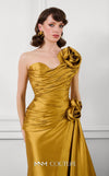MNM Couture F02923A satin column wrap gown with strapless sweetheart neckline, pleated bodice draping, side bustle train, and sculptural rosettes | Couture Shop LA.