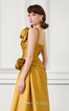 MNM Couture F02923A satin column wrap gown with strapless sweetheart neckline, pleated bodice draping, side bustle train, and sculptural rosettes | Couture Shop LA.