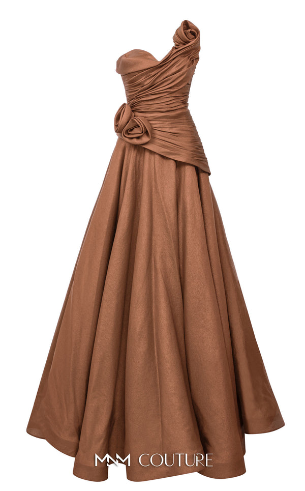 MNM Couture Style F02923 A-line gown featuring asymmetric neckline, fabric flower strap detail, pleated bust, and two floral accents at the waist | Couture Shop LA