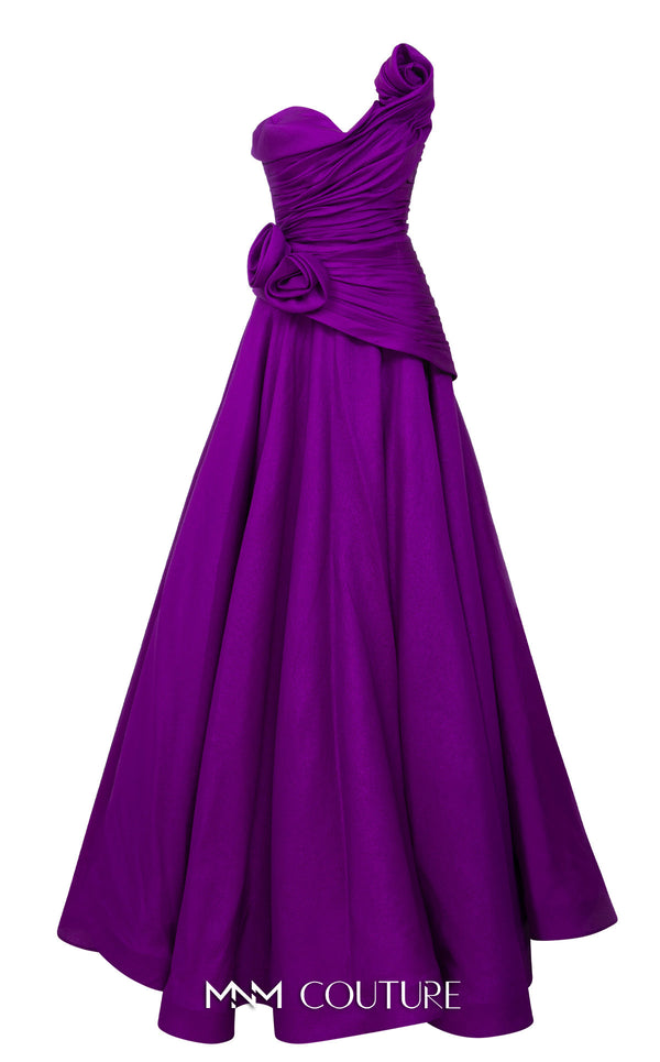 MNM Couture Style F02923 A-line gown featuring asymmetric neckline, fabric flower strap detail, pleated bust, and two floral accents at the waist | Couture Shop LA