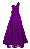 MNM Couture Style F02923 A-line gown featuring asymmetric neckline, fabric flower strap detail, pleated bust, and two floral accents at the waist | Couture Shop LA