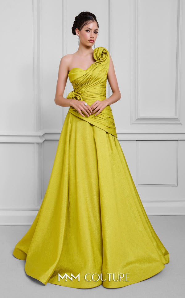 MNM Couture Style F02923 A-line gown featuring asymmetric neckline, fabric flower strap detail, pleated bust, and two floral accents at the waist | Couture Shop LA