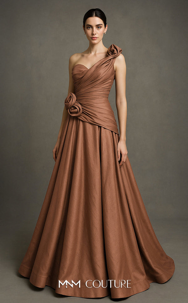 MNM Couture Style F02923 A-line gown featuring asymmetric neckline, fabric flower strap detail, pleated bust, and two floral accents at the waist | Couture Shop LA