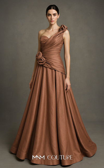 MNM Couture Style F02923 A-line gown featuring asymmetric neckline, fabric flower strap detail, pleated bust, and two floral accents at the waist | Couture Shop LA