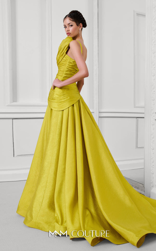 MNM Couture Style F02923 A-line gown featuring asymmetric neckline, fabric flower strap detail, pleated bust, and two floral accents at the waist | Couture Shop LA