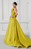 MNM Couture Style F02923 A-line gown featuring asymmetric neckline, fabric flower strap detail, pleated bust, and two floral accents at the waist | Couture Shop LA