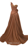 MNM Couture Style F02923 A-line gown featuring asymmetric neckline, fabric flower strap detail, pleated bust, and two floral accents at the waist | Couture Shop LA