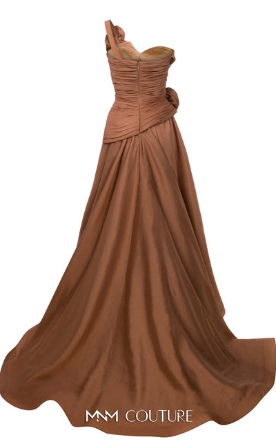 MNM Couture Style F02923 A-line gown featuring asymmetric neckline, fabric flower strap detail, pleated bust, and two floral accents at the waist | Couture Shop LA