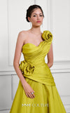 MNM Couture Style F02923 A-line gown featuring asymmetric neckline, fabric flower strap detail, pleated bust, and two floral accents at the waist | Couture Shop LA