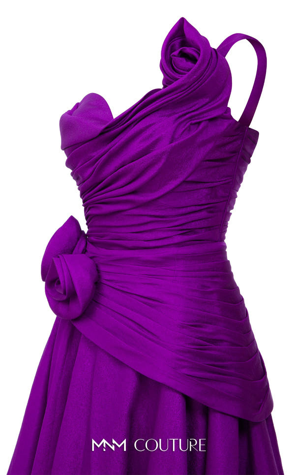 MNM Couture Style F02923 A-line gown featuring asymmetric neckline, fabric flower strap detail, pleated bust, and two floral accents at the waist | Couture Shop LA