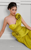 MNM Couture Style F02923 A-line gown featuring asymmetric neckline, fabric flower strap detail, pleated bust, and two floral accents at the waist | Couture Shop LA