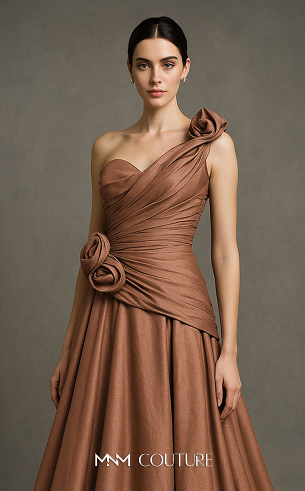 MNM Couture Style F02923 A-line gown featuring asymmetric neckline, fabric flower strap detail, pleated bust, and two floral accents at the waist | Couture Shop LA