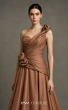 MNM Couture Style F02923 A-line gown featuring asymmetric neckline, fabric flower strap detail, pleated bust, and two floral accents at the waist | Couture Shop LA
