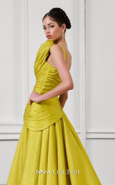MNM Couture Style F02923 A-line gown featuring asymmetric neckline, fabric flower strap detail, pleated bust, and two floral accents at the waist | Couture Shop LA