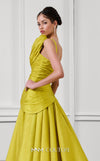 MNM Couture Style F02923 A-line gown featuring asymmetric neckline, fabric flower strap detail, pleated bust, and two floral accents at the waist | Couture Shop LA