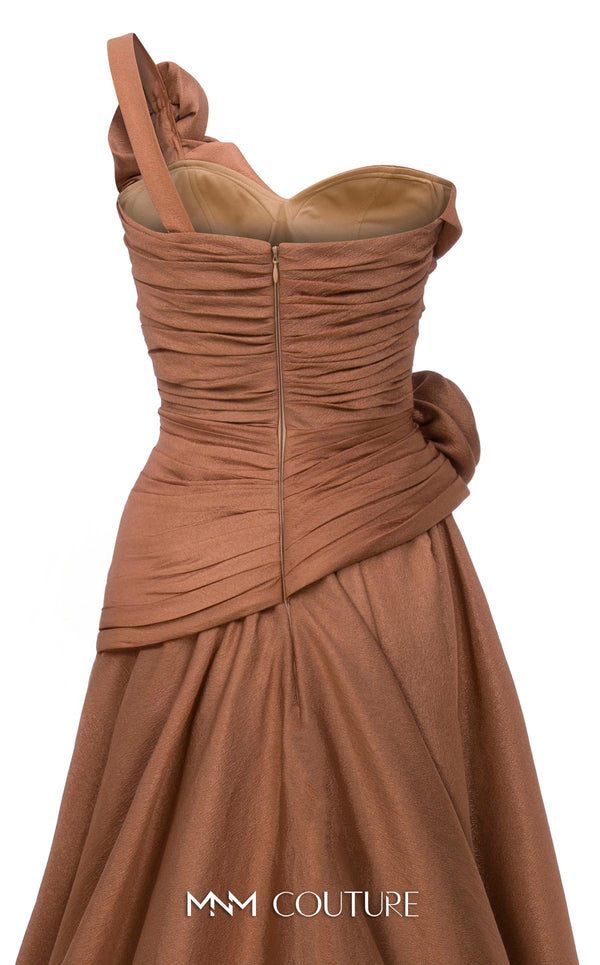 MNM Couture Style F02923 A-line gown featuring asymmetric neckline, fabric flower strap detail, pleated bust, and two floral accents at the waist | Couture Shop LA