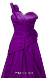MNM Couture Style F02923 A-line gown featuring asymmetric neckline, fabric flower strap detail, pleated bust, and two floral accents at the waist | Couture Shop LA