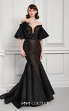 MNM Couture Style F02925 - Elegant black mesh mermaid gown featuring off-shoulder ruffled bell sleeves, a deep V-neckline, and a plumage brooch. | Couture Shop LA