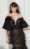 MNM Couture Style F02925 - Elegant black mesh mermaid gown featuring off-shoulder ruffled bell sleeves, a deep V-neckline, and a plumage brooch. | Couture Shop LA