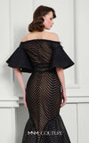 MNM Couture Style F02925 - Elegant black mesh mermaid gown featuring off-shoulder ruffled bell sleeves, a deep V-neckline, and a plumage brooch. | Couture Shop LA