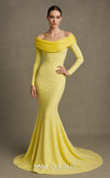 MNM Couture Style F02928 showcasing a dramatic mermaid silhouette dress in vibrant fuchsia, olive, or pink crepe, featuring pleated straight-across neckline, off-shoulder long sleeves, and a flowing train. | Couture Shop LA.