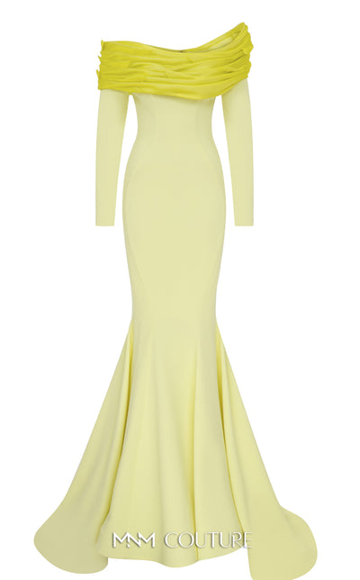 MNM Couture Style F02928 showcasing a dramatic mermaid silhouette dress in vibrant fuchsia, olive, or pink crepe, featuring pleated straight-across neckline, off-shoulder long sleeves, and a flowing train. | Couture Shop LA.
