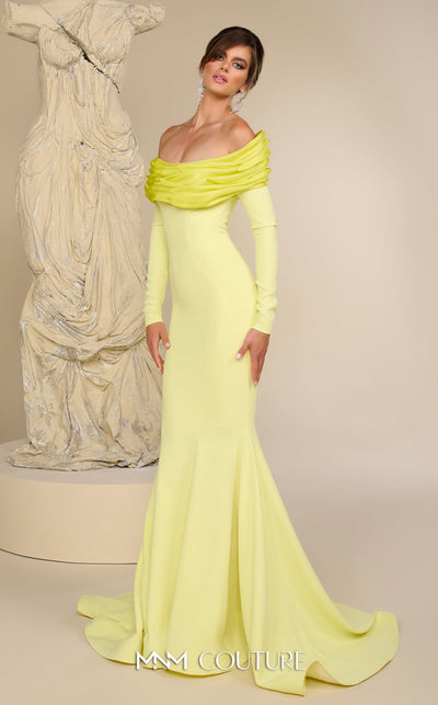 MNM Couture Style F02928 showcasing a dramatic mermaid silhouette dress in vibrant fuchsia, olive, or pink crepe, featuring pleated straight-across neckline, off-shoulder long sleeves, and a flowing train. | Couture Shop LA.