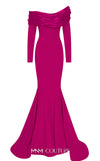 MNM Couture Style F02928 showcasing a dramatic mermaid silhouette dress in vibrant fuchsia, olive, or pink crepe, featuring pleated straight-across neckline, off-shoulder long sleeves, and a flowing train. | Couture Shop LA.