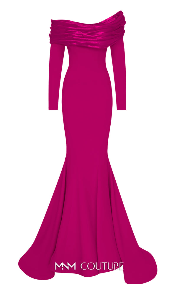 MNM Couture Style F02928 showcasing a dramatic mermaid silhouette dress in vibrant fuchsia, olive, or pink crepe, featuring pleated straight-across neckline, off-shoulder long sleeves, and a flowing train. | Couture Shop LA.