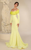 MNM Couture Style F02928 showcasing a dramatic mermaid silhouette dress in vibrant fuchsia, olive, or pink crepe, featuring pleated straight-across neckline, off-shoulder long sleeves, and a flowing train. | Couture Shop LA.