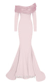 MNM Couture Style F02928 showcasing a dramatic mermaid silhouette dress in vibrant fuchsia, olive, or pink crepe, featuring pleated straight-across neckline, off-shoulder long sleeves, and a flowing train. | Couture Shop LA.