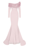 MNM Couture Style F02928 showcasing a dramatic mermaid silhouette dress in vibrant fuchsia, olive, or pink crepe, featuring pleated straight-across neckline, off-shoulder long sleeves, and a flowing train. | Couture Shop LA.