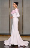 MNM Couture Style F02928 showcasing a dramatic mermaid silhouette dress in vibrant fuchsia, olive, or pink crepe, featuring pleated straight-across neckline, off-shoulder long sleeves, and a flowing train. | Couture Shop LA.