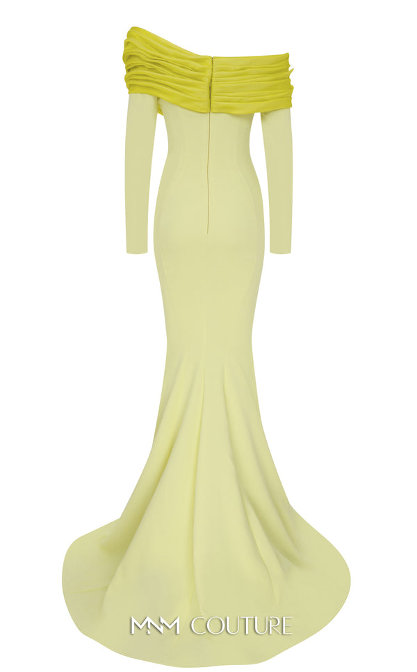 MNM Couture Style F02928 showcasing a dramatic mermaid silhouette dress in vibrant fuchsia, olive, or pink crepe, featuring pleated straight-across neckline, off-shoulder long sleeves, and a flowing train. | Couture Shop LA.