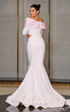 MNM Couture Style F02928 showcasing a dramatic mermaid silhouette dress in vibrant fuchsia, olive, or pink crepe, featuring pleated straight-across neckline, off-shoulder long sleeves, and a flowing train. | Couture Shop LA.