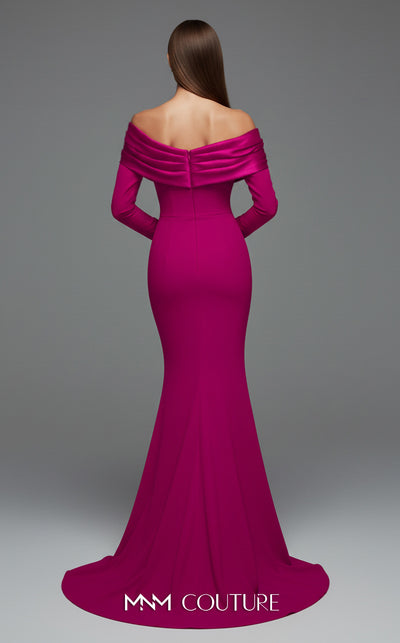 MNM Couture Style F02928 showcasing a dramatic mermaid silhouette dress in vibrant fuchsia, olive, or pink crepe, featuring pleated straight-across neckline, off-shoulder long sleeves, and a flowing train. | Couture Shop LA.