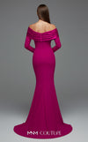MNM Couture Style F02928 showcasing a dramatic mermaid silhouette dress in vibrant fuchsia, olive, or pink crepe, featuring pleated straight-across neckline, off-shoulder long sleeves, and a flowing train. | Couture Shop LA.