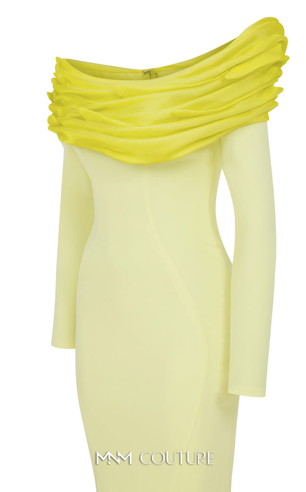 MNM Couture Style F02928 showcasing a dramatic mermaid silhouette dress in vibrant fuchsia, olive, or pink crepe, featuring pleated straight-across neckline, off-shoulder long sleeves, and a flowing train. | Couture Shop LA.