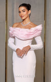 MNM Couture Style F02928 showcasing a dramatic mermaid silhouette dress in vibrant fuchsia, olive, or pink crepe, featuring pleated straight-across neckline, off-shoulder long sleeves, and a flowing train. | Couture Shop LA.