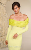 MNM Couture Style F02928 showcasing a dramatic mermaid silhouette dress in vibrant fuchsia, olive, or pink crepe, featuring pleated straight-across neckline, off-shoulder long sleeves, and a flowing train. | Couture Shop LA.