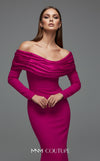 MNM Couture Style F02928 showcasing a dramatic mermaid silhouette dress in vibrant fuchsia, olive, or pink crepe, featuring pleated straight-across neckline, off-shoulder long sleeves, and a flowing train. | Couture Shop LA.