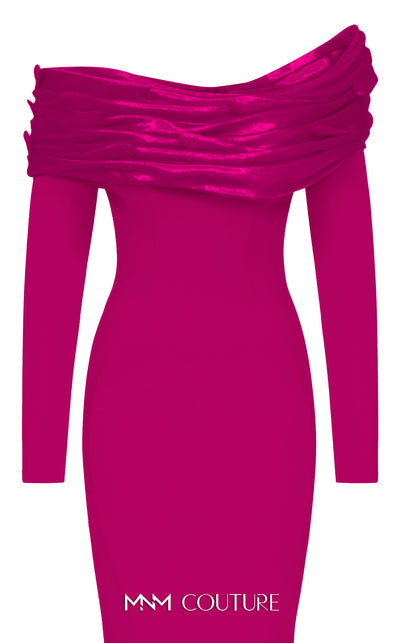 MNM Couture Style F02928 showcasing a dramatic mermaid silhouette dress in vibrant fuchsia, olive, or pink crepe, featuring pleated straight-across neckline, off-shoulder long sleeves, and a flowing train. | Couture Shop LA.