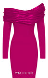 MNM Couture Style F02928 showcasing a dramatic mermaid silhouette dress in vibrant fuchsia, olive, or pink crepe, featuring pleated straight-across neckline, off-shoulder long sleeves, and a flowing train. | Couture Shop LA.