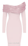 MNM Couture Style F02928 showcasing a dramatic mermaid silhouette dress in vibrant fuchsia, olive, or pink crepe, featuring pleated straight-across neckline, off-shoulder long sleeves, and a flowing train. | Couture Shop LA.