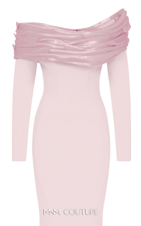 MNM Couture Style F02928 showcasing a dramatic mermaid silhouette dress in vibrant fuchsia, olive, or pink crepe, featuring pleated straight-across neckline, off-shoulder long sleeves, and a flowing train. | Couture Shop LA.