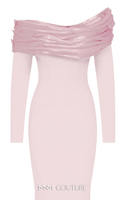 MNM Couture Style F02928 showcasing a dramatic mermaid silhouette dress in vibrant fuchsia, olive, or pink crepe, featuring pleated straight-across neckline, off-shoulder long sleeves, and a flowing train. | Couture Shop LA.