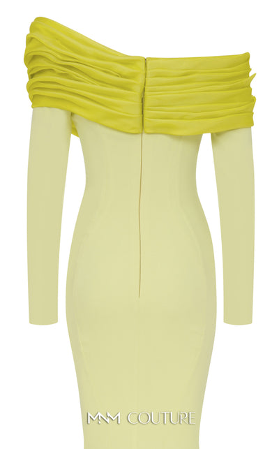 MNM Couture Style F02928 showcasing a dramatic mermaid silhouette dress in vibrant fuchsia, olive, or pink crepe, featuring pleated straight-across neckline, off-shoulder long sleeves, and a flowing train. | Couture Shop LA.