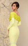 MNM Couture Style F02928 showcasing a dramatic mermaid silhouette dress in vibrant fuchsia, olive, or pink crepe, featuring pleated straight-across neckline, off-shoulder long sleeves, and a flowing train. | Couture Shop LA.