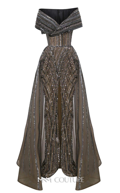 MNM Couture Style F02929 showcasing a dramatic off-the-shoulder A-line gown with dark sequin and bead embellishments and a full, vertically striped tulle overlay. | Couture Shop LA