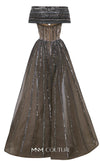 MNM Couture Style F02929 showcasing a dramatic off-the-shoulder A-line gown with dark sequin and bead embellishments and a full, vertically striped tulle overlay. | Couture Shop LA